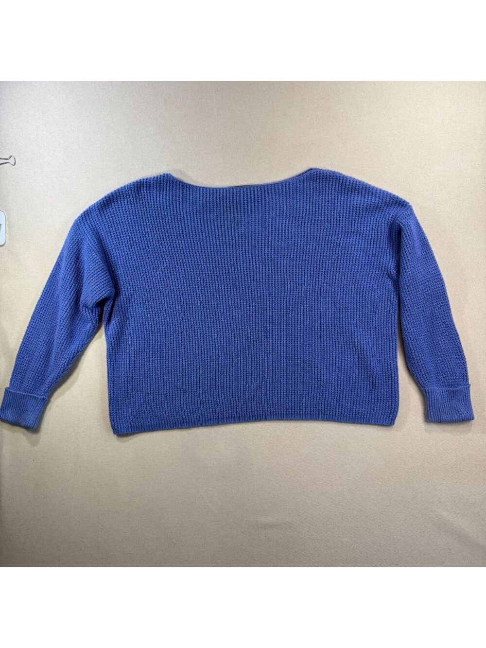 HK118 - French Connection Cotton Waffle Knit Sweater S Blue Boxy Boat Neck